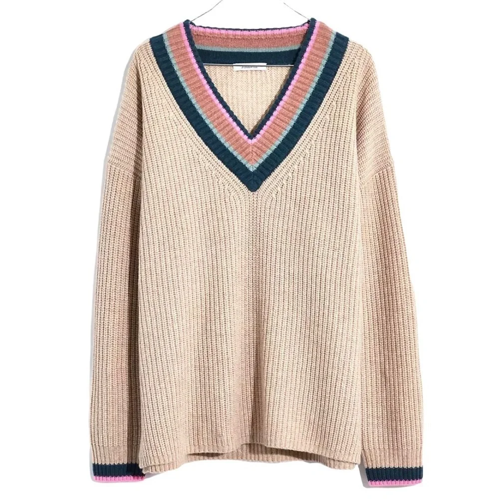 Madewell Tipped Forrest V Neck Knit Sweater Tan Size Small MC009 - Picture 2 of 9